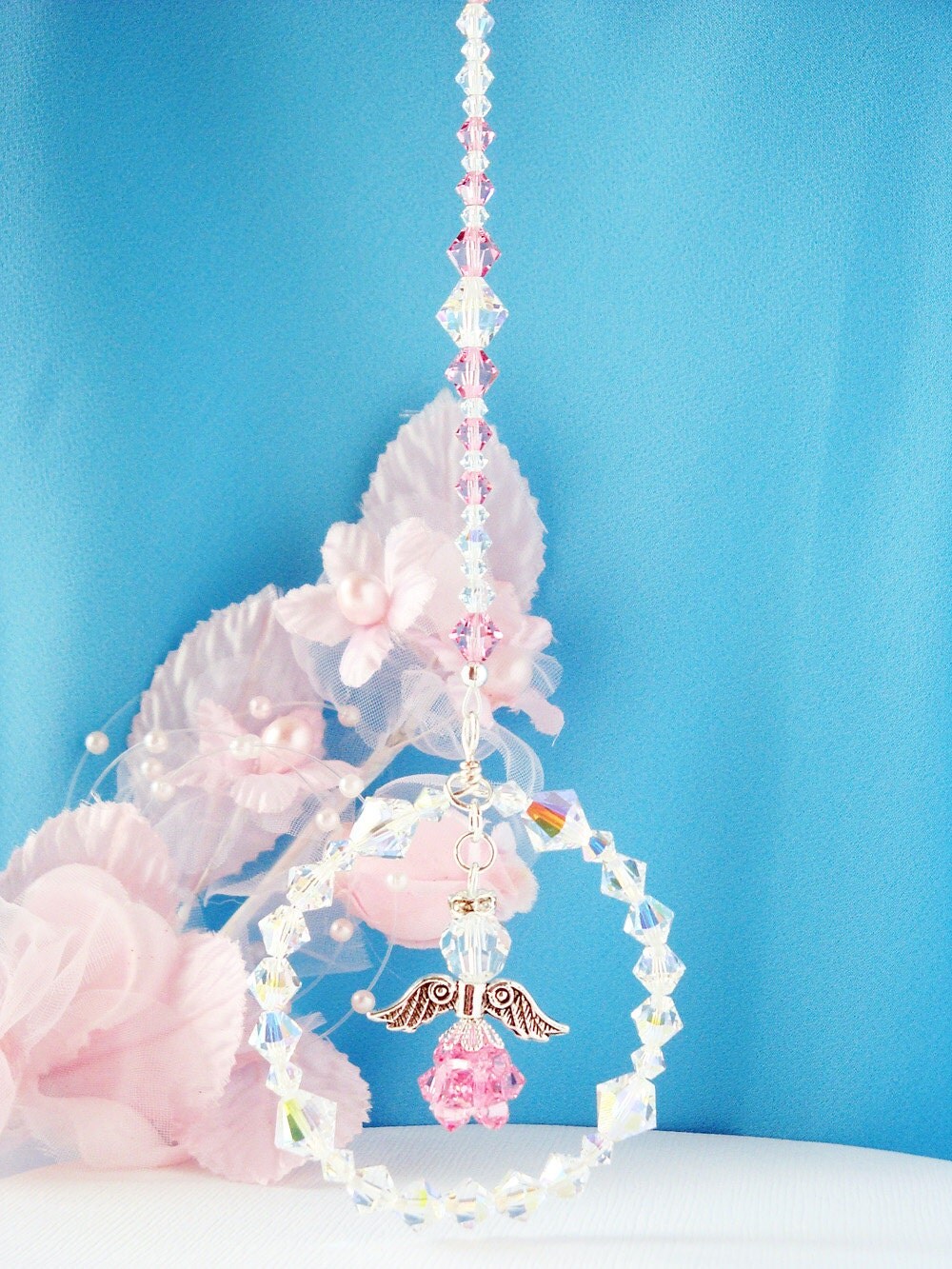 Pink Guardian Angel Rear View Mirror Charm Swarovski Crystal
