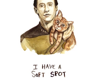 Star Trek Data Illustration - Data and His Cat Spot Drawing - Illustration Print - Star Trek TNG Print - Funny Trekkie Portrait Watercolor