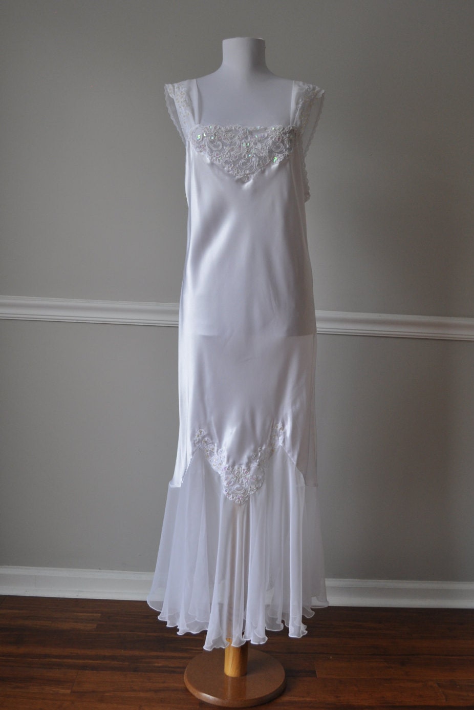 Full Slip Bridal White Silky Satin/Chiffon Nightgown