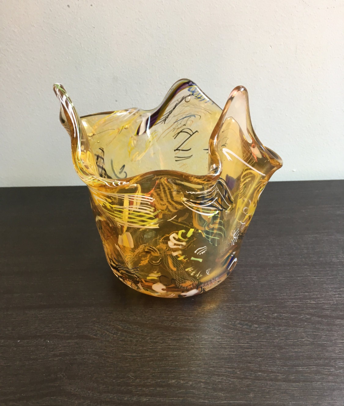 Blown Glass Fancy Bowl Translucent Yellow with Decorative Cane