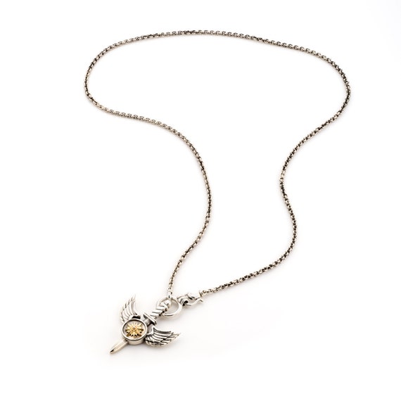 PENDANT Necklace SILVER gold, Silver Pendant wings and gold shield, Handmade Pendant, for men 40 cm silver chain, special design, pendant
