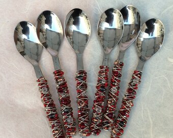 Set of 6 Tiny Hand Beaded Demitasse Coffee Spoons - Beaded Espresso Spoons - Eye-catching Table Accessory - Fancy Spoons -