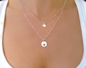 Mother Daughter Necklace Set, Gift For Mom, Matching Necklace Set, Mother Daughter Jewelry, Sterling Silver Heart Mom Necklace, Heart Charm