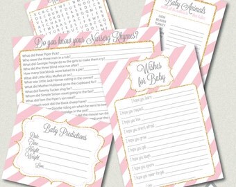 Pink and Gold Glitter Baby Shower Games, Printable Baby Shower Games, Girl Baby Shower, Word Search, Wishes for Baby, Printable Games