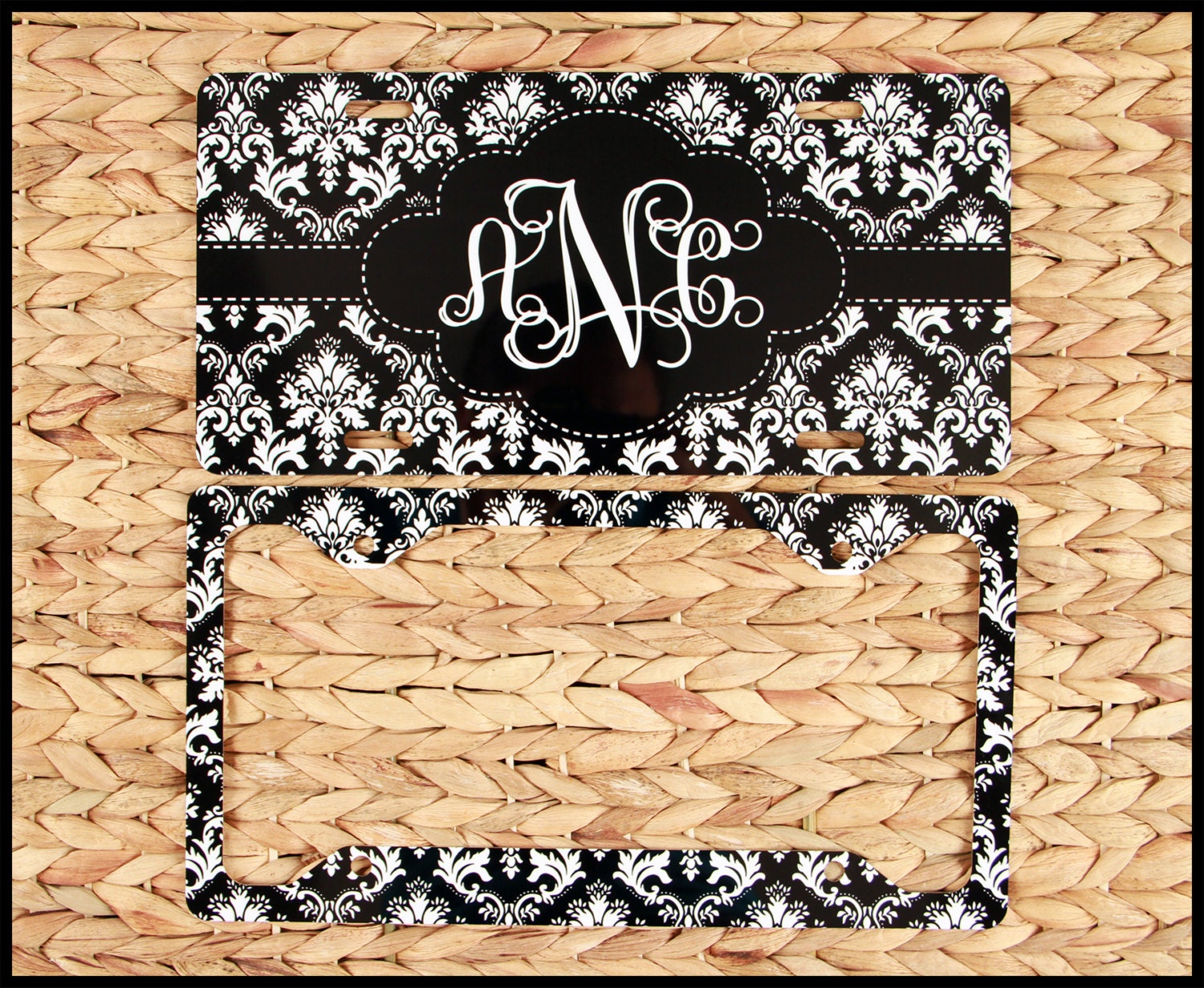 classy-black-damask-license-plate-frame-monogram-front