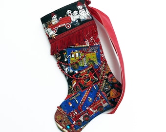 Firefighter Christmas stocking, a custom handmade one-of-a-kind holiday decoration for a fireman