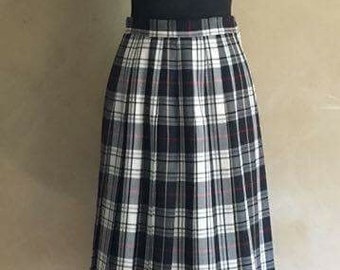 Vintage Black Plaid Wool Pleated Skirt