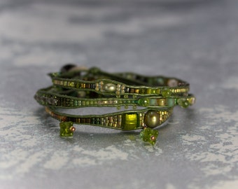 Leather Wrap Bracelet "Mermaid's Lagoon" - Mermaid bracelet; 3x wrap bracelet; custom size autumn / fall bracelet; handmade in Canada