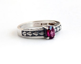 Checker Cut Rhodolite Garnet Ring: Sterling silver, made to order, vintage style engraving, garnet jewelry, sizes 4 - 11, january birthstone