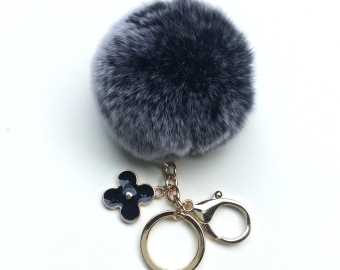New! Summer Collection Black Frost fur pom pom keychain bag charm flower clover keyring