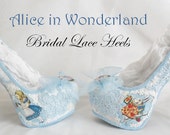 John Tenniel's Classic 1865 Alice In Wonderland Lace Fabric Custom Heel Ribbon Blue Shoe Flat Size 3 4 5 6 7 8 Wedding Bridal Heel UK Women