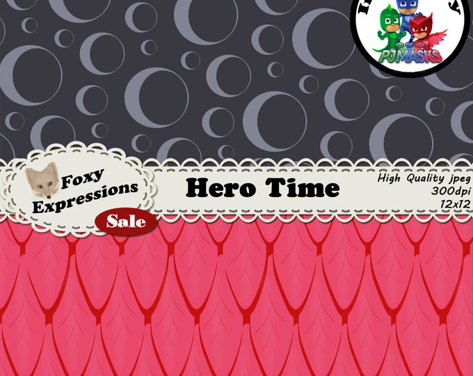 Hero Time digital paper inspired by PJ Masks. Designs include Owlette feathers, Catboy suit pattern, Gekkos scales, Night Ninjas suit & more