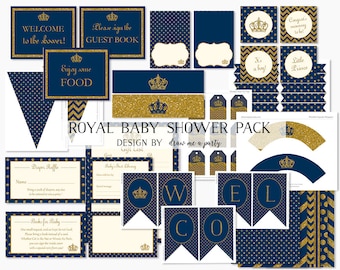 ROYAL PRINCE BABY Shower Decorations , Royal Prince Baby Shower Printables , Navy Blue and Gold , Banner Cupcake Topper Wrapper Sign Cards