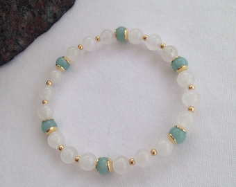 White Jade and Amazonite bracelet, natural white Jade bracelet, turquoise and gold, white and gold, gift for her, girlfriend, summer for her