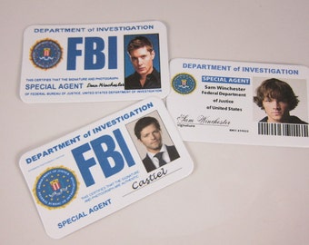 Set of 6, Supernatural Inspired FBI card, Sam, Dean, Castiel