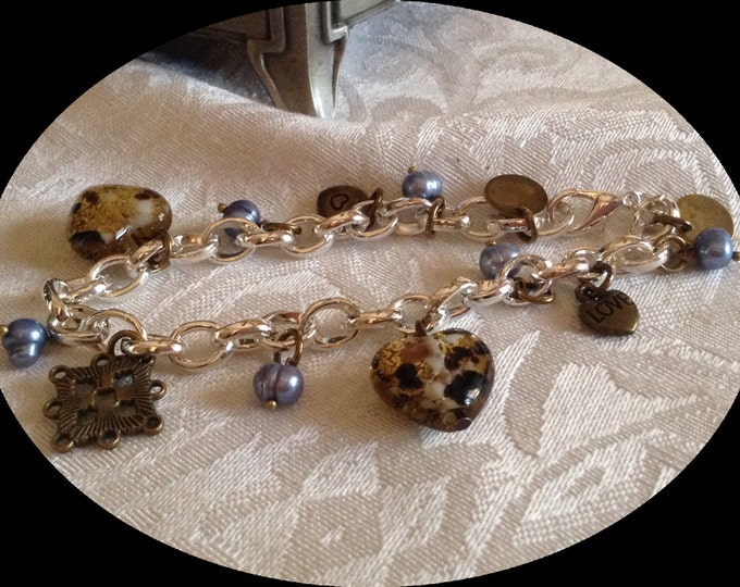 Fresh Water Pearl/Hearts Charm Bracelet...Sterling Silver Plated Link Bracelet