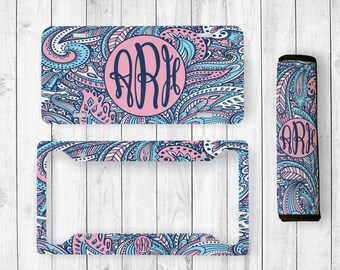 Monogrammed License Plate, Paisley Car Tag, Personalized License Plate Frame, Paisley, Monogram Seatbelt Cover, Paisley Monogram