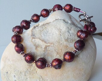 Sterling Silver Pearl Bracelet Vintage Pearl in Resine Bracelet, Dark Red Bracelet Retro Fresh Water Pearl 925 Bracelet, Burgundy Bracelet