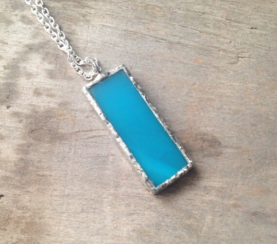 Blue rectangle pendant blue stained glass necklace pendant
