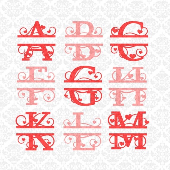 Heart Swirly Fancy Valentines Split Alphabet Monogram SVG Ai