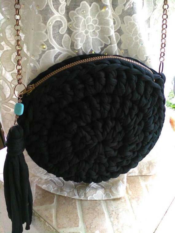 Round purse/bag black Crossbody bag Round Crochet Handmade
