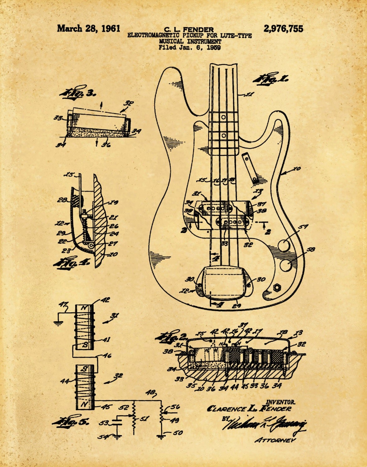 Patent 1961 Fender Bass Guitar Designed by Clarence Fender Rock Band