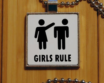 Girls Rule pendant, girl power, statement pendant, novelty jewelry, funny gifts, silver pendant, square jewelry, girls are awesome