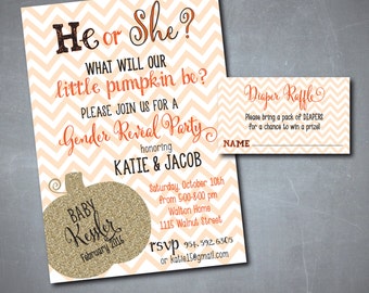 Fall Gender Reveal Invitation..."Little Pumpkin" with matching Diaper Raffle Ticket/Digital files or printing/wording can be changed