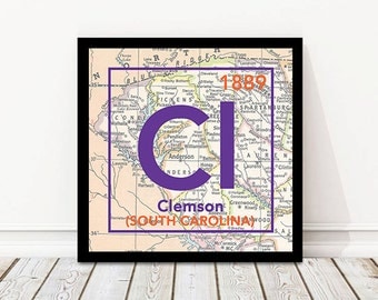 Clemson Tigers South Carolina Vintage Periodic Map UNFRAMED ART PRINT, Christmas gift for her, Christmas ideas, All Sizes