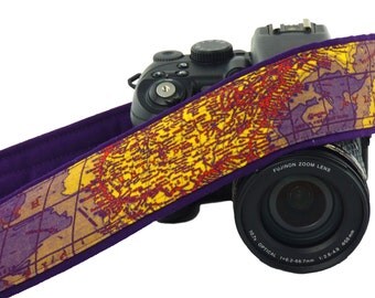 DSLR Camera Strap. Map Camera Strap. Padded Camera Strap. Dark Purpe. Camera Accessories. SLR Camera Strap. Traveler Gift. Etsy Gifts