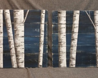 Pallet wall decor Painting, White Birch Painting, 2 Piece set, Hand Painted Dark Blue, reclaimed wood, upcycled rustic shabby
