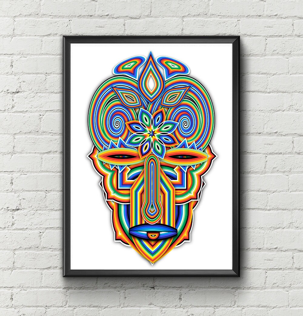Aztec Mask Colorful Wall Art Print. Ethnic Mask Wall Art
