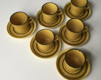 Franciscan Tableware Set of Six Cups and Saucers 1960s Folksy Pattern Mustard Yellow
