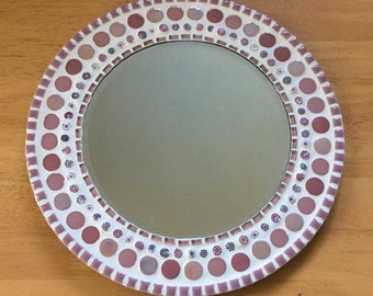 Round Mosaic Wall Mirror in Pink - 30cm - Bedroom Bathroom Mirror