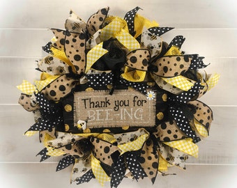 Bumble Bee Wreath, Primitive Wreath, Burlap Bee Wreath, Bee Wreath, Summer Wreath, Burlap Wreath, Mesh Wreath, Primitive Decor, Summer Decor