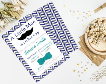 Little Man Baby Shower Navy and Grey Chevron Invitation Printable