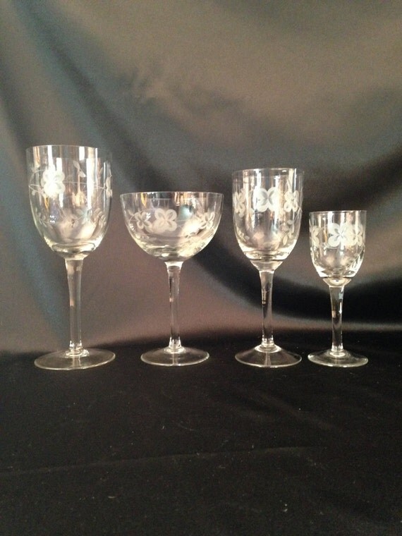 Etched Crystal Stemware Set of 27 Lot of etched floral
