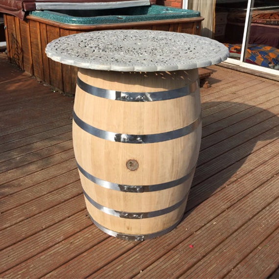 Large Solid Oak Wine Barrel Metal Top Patio Table