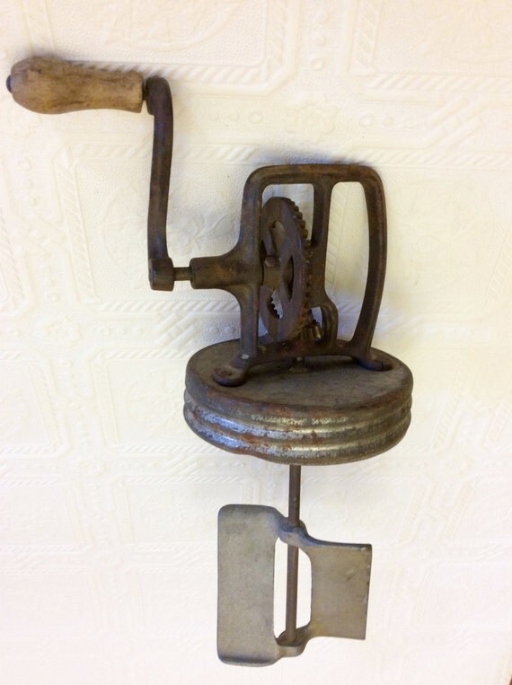 Antique Butter Churn Top Lid with Crank & Metal Paddle Heavy