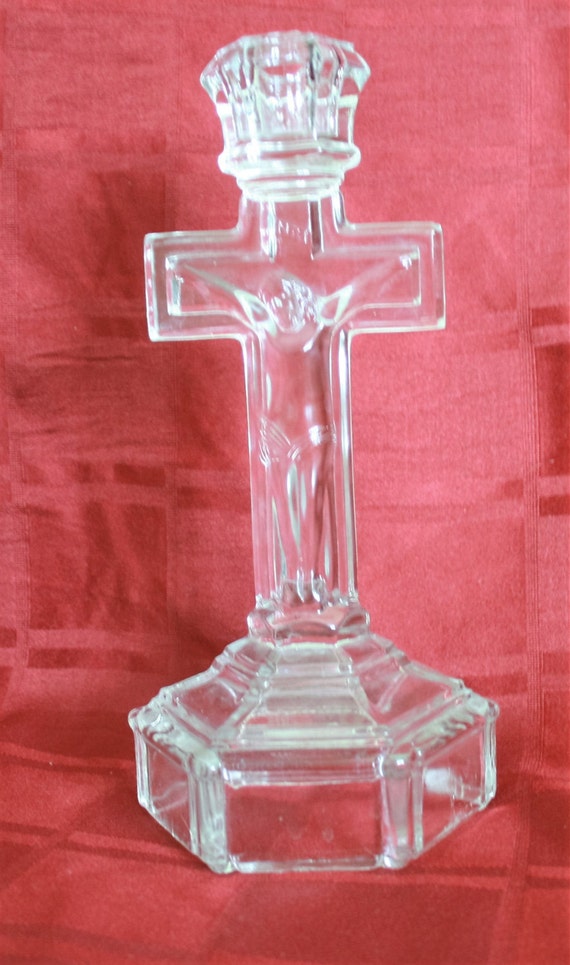 Glass Vintage Crucifix Candle Holder
