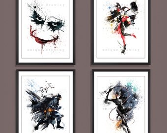 Superhero poster, Superhero print, Batman poster, Batman print, Joker, catwoman, Harley Quinn, Superhero wall art, Set of 4 prints, 3529