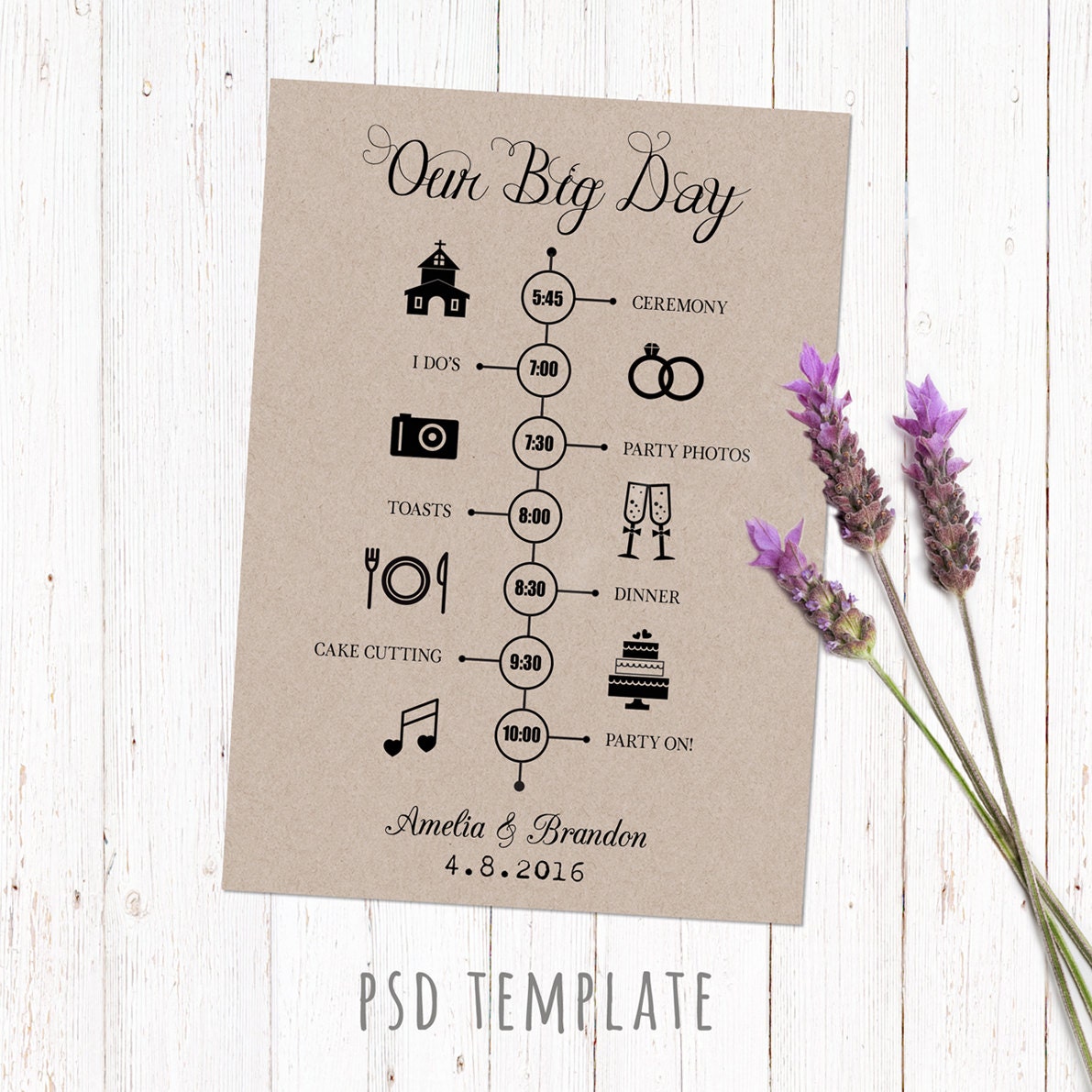 Wedding timeline template card. Digital printable timeline