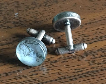Bronze World Map Cufflinks, Map cufflinks, Bronze cufflinks, vintage cufflinks, Nautical cufflinks, Glass Cabachons, cabachon cufflinks