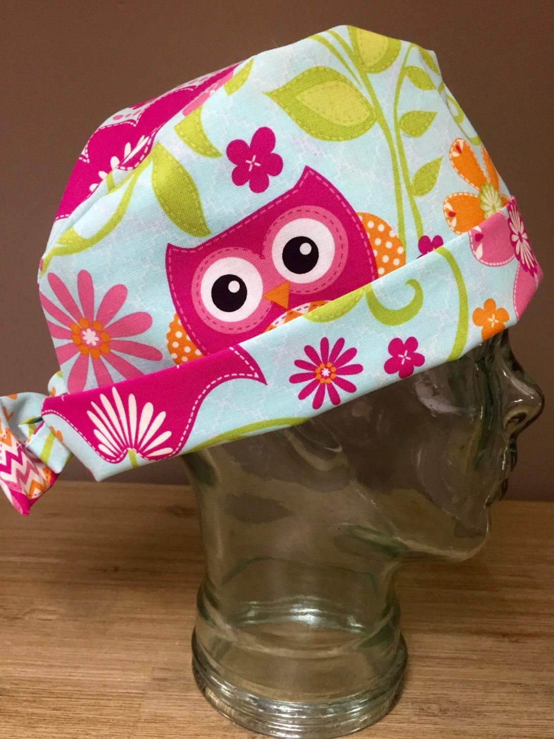 Custom Caps Company Owl Scrub Cap in Blue & Pink Womens