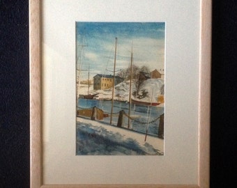 Cold Scandinavian Harbour. Double-Sided Framed Watercolour; Two for One: on the back "A Cornish Lane".