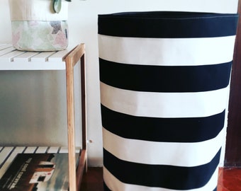 Large hamper size Black and white stripe fabric laundry hamper or toy basket, fabric basket, storage basket, storage bin, round large basket