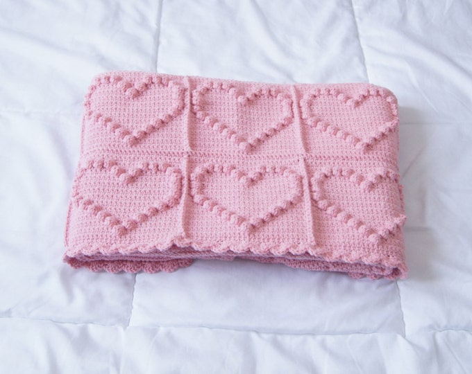 Crochet Baby Blanket, Pink Heart Baby Blanket, travel stroller size, Car seat Blanket, Crib Blanket