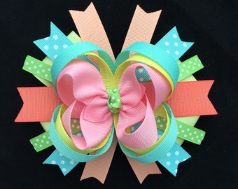 spring hair bow-Easter hair bow-over the top layered spring hair bow-lime green pink and white hair bow-large spring easter hair bow-spring