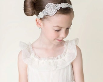 Flower girl headband, crystal headband, rhinestone headband, silver headband, Ivory lace headband, bling headpiece, baby girl headband