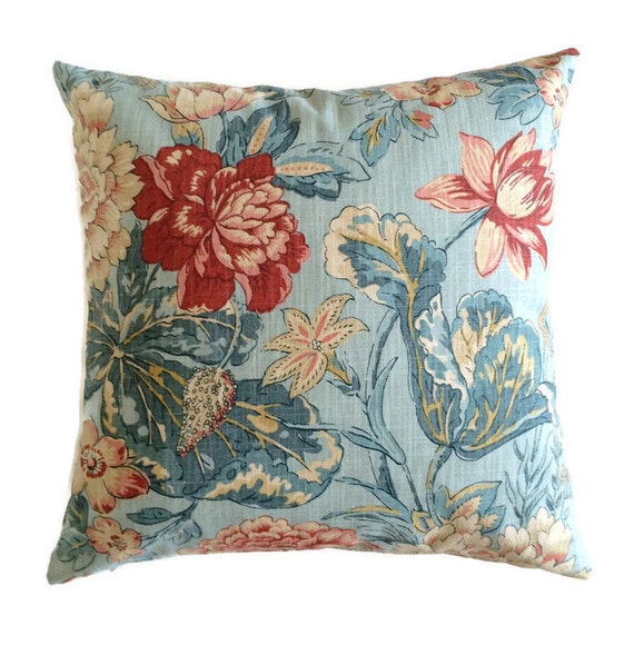 French Country Cottage Pillow Aqua Teal Blue Coral Floral